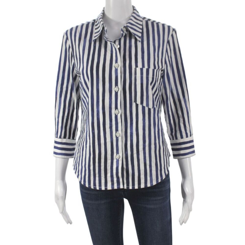 Koch Womens Blue Striped Collared Cotton Button-Up 3/4 Sleeve Top Size M